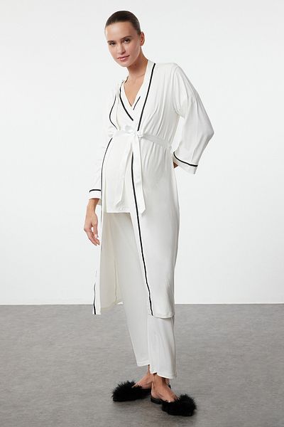 Trendyol Collection Ecru Knitted Dressing Gowns-Pajamas Set for Pregnant and Maternity 3 Pieces - Tbbaw25Ai00073