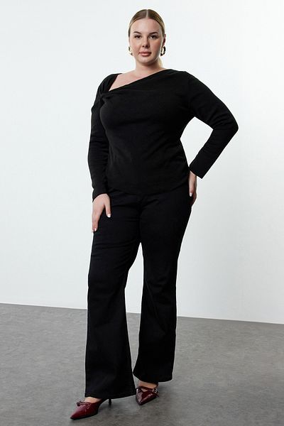 Trendyol Curve Thin Knitwear Sweater - Black, Drawstring Collar Detail, Tbbaw25An00046