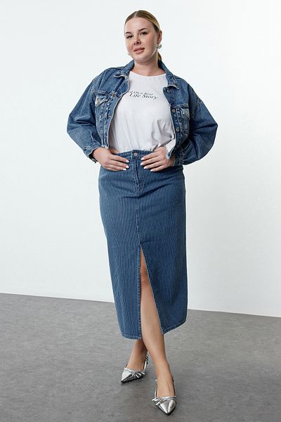 Trendyol Curve Fusta lungă din denim cu dungi albastre TBBAW25AZ00022