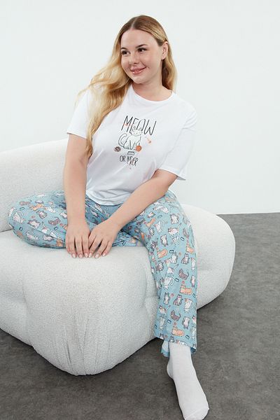 Trendyol Curve Knitted Pajama Set Blue Cat Pattern - Tbbaw25ai00078