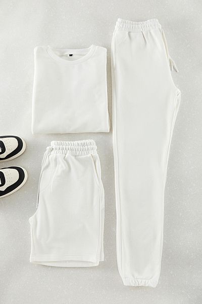 Edit by Trendyol Ecru Oversize Sweatshirt - Spodnie dresowe i męskie spodenki 3-częściowy zestaw Tedaw25Em00003