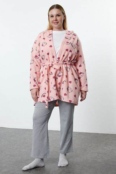Trendyol Curve Hello Kitty Pink Fleece Gestrickter Morgenmantel – lizenziert, mit Kapuze TBBAW25SB00005