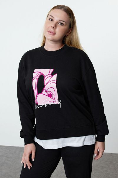 Trendyol Curve Lola Bunny Μαύρο Πλεκτό - Φούτερ μεγάλου μεγέθους TBBAW25AO00016
