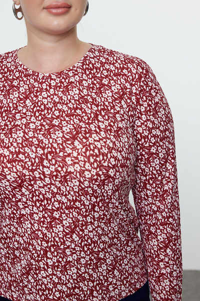 Trendyol Curve Μπορντό Bodycone/Body-Sitting Ribbed πλεκτή μπλούζα μεγάλου μεγέθους TBBAW23AF00016