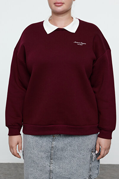 Trendyol Curve Bordó belső gallérral levehető, hímzett, széles szabású, nagyméretű kötött pulóver