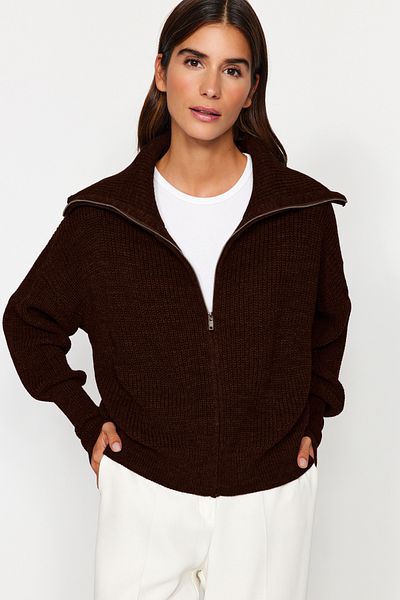 Trendyol Collection Ζακέτα με φαρδιά εφαρμογή με φερμουάρ γιακά - Σκούρο καφέ TWOAW24HI00072