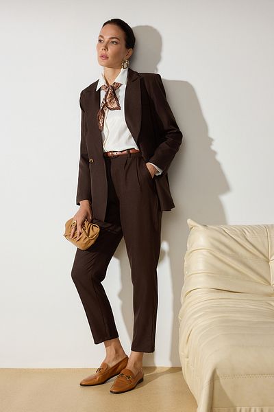 Trendyol Modest Σετ λινό υφαντό μπουφάν και παντελόνι - Καφέ TCTSS24US00093