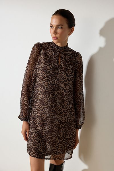 Trendyol Collection Zimní minišaty – rovný střih, zvířecí potisk, podšité, hnědé Twoaw25El00524