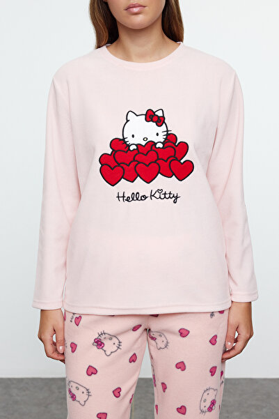 Trendyol Collection Hello Kitty Licensed Pink Heart Fleece Winter-Strickpyjama-Set THMAW25PT00215