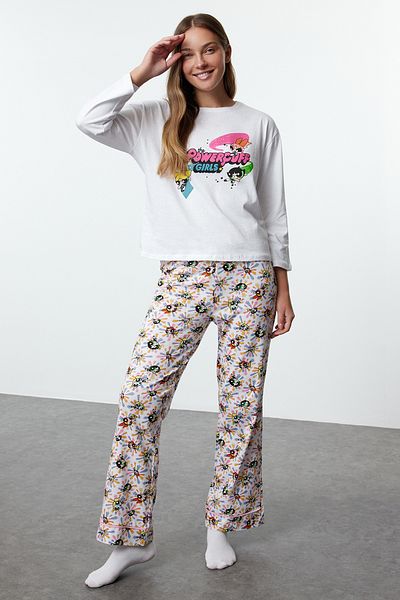Trendyol Collection Set pijamale tricotate alb 100% bumbac cu licență Powerpuff Girls THMAW25PT00152