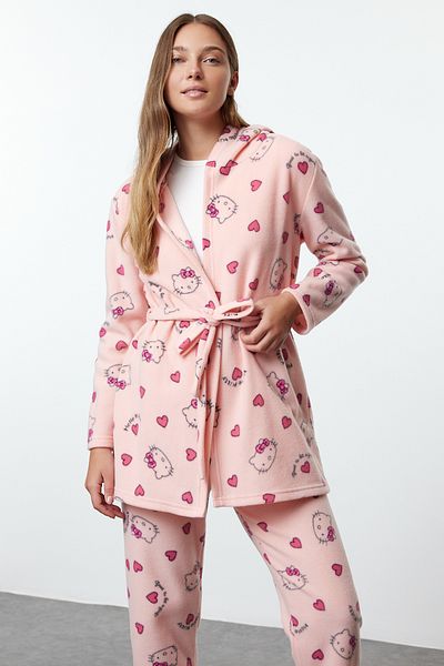 Trendyol Collection Hello Kitty lizenzierter rosafarbener Fleece-Winter-Strickmantel mit mehrfarbigen Gürteln THMAW25SB00017