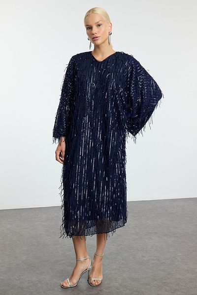 Trendyol Modest Tkané večerní šaty Jalabiya s flitry v námořnické modré TCTAW25DB00009