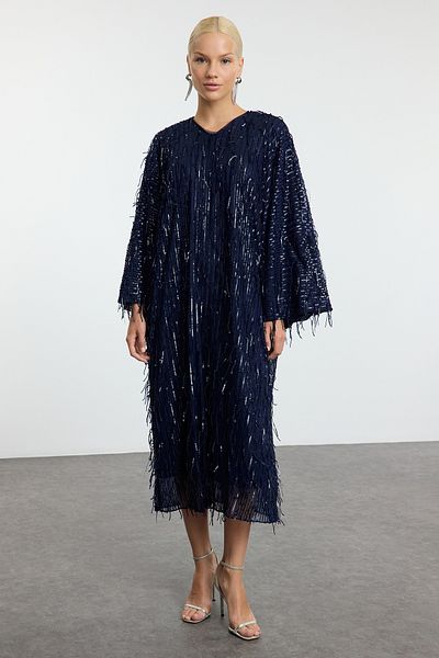 Trendyol Modest Tkané večerní šaty Jalabiya s flitry v námořnické modré TCTAW25DB00009