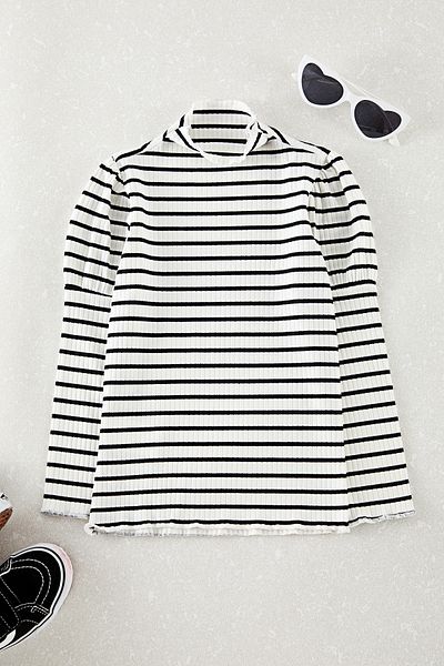 TRENDYOLKIDS Weißes gestreiftes Strick-T-Shirt mit Stehkragen für Mädchen TKDAW25TS00003