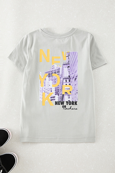 TRENDYOLKIDS Gray Boy's Back Printed Knitted T-Shirt Tkdaw25Ts00027