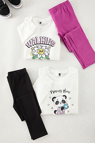 TRENDYOLKIDS طقم بناتي أبيض متعدد الألوان مكون من 4 قطع محبوك بالزهور من الأسفل إلى الأعلى TKDAW25AU00119