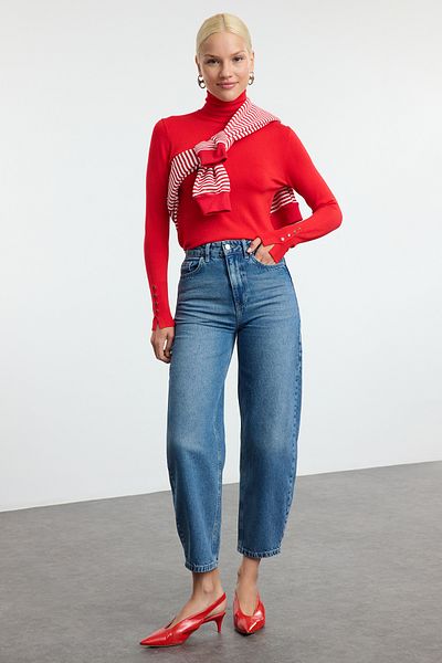 Trendyol Collection Blugi cu barrel albastru cu talie înaltă TWOSS23JE00295