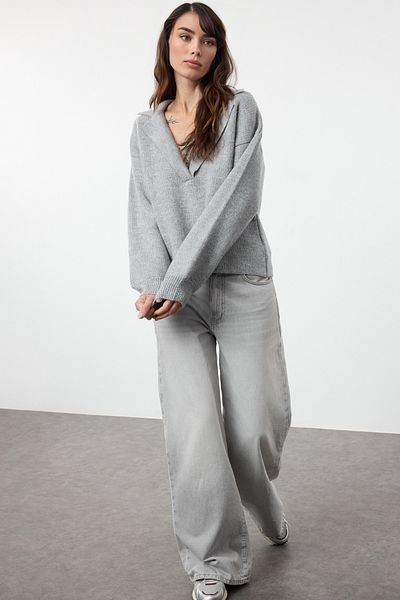 Trendyol Collection Knitwear Gray Sweater - Jacket Collar, Twoaw25Kz00381