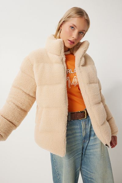 Happiness İstanbul Women's Beige Stand Collar Plush Puffer Jacket Qa00002