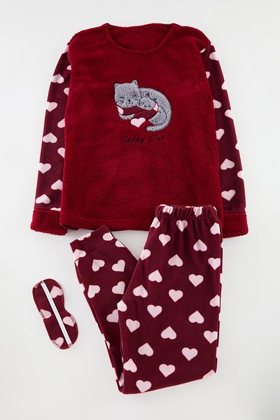 Trendyol Collection Winter-Pyjama-Set in Burgunderrot – Herz-Katze-Stickerei, Schlaf-Stirnband THMAW21PT0669