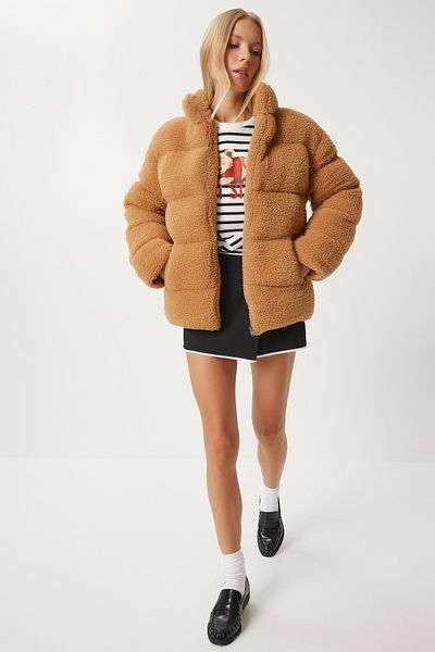 Happiness İstanbul Women's Tan Stand Collar Plush Puffer Jacket Qa00002