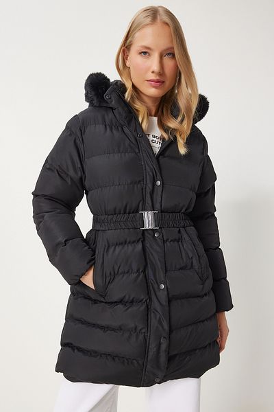 Happiness İstanbul Women's Black Hooded Fur Detailed Belted Puffer Jacket Aw00012