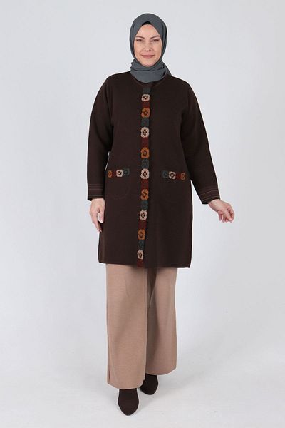 behrem Brown Large Size Hijab Knitwear Jacket - 9203 a