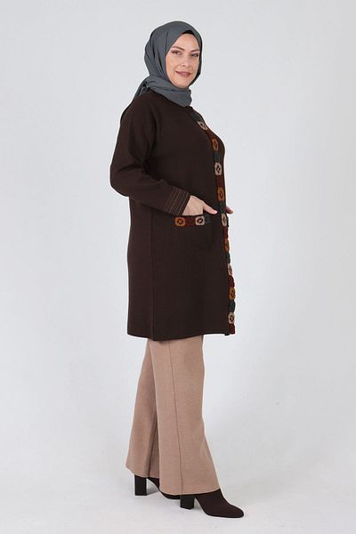 behrem Brown Large Size Hijab Knitwear Jacket - 9203 a