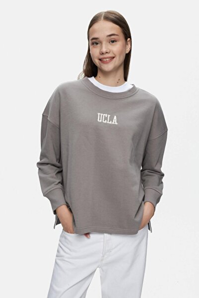 UCLA OLVERA Gri Bisiklet Yaka Nakışlı Loose Fit Kadın Sweatshirt