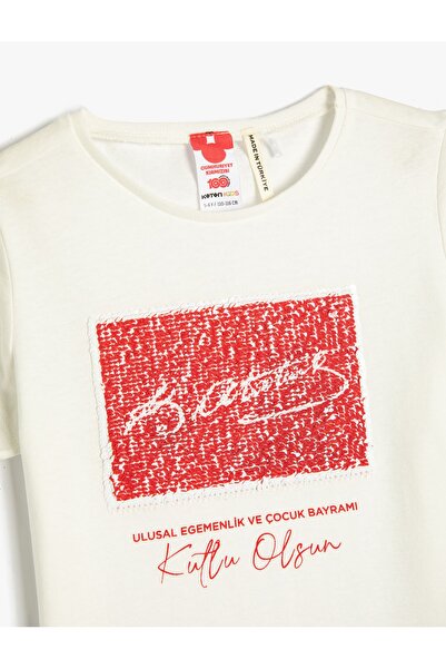 Koton Μπλουζάκι από βαμβακερό εμπριμέ Ataturk - κοντό μανίκι, παγιέτες διπλής όψης