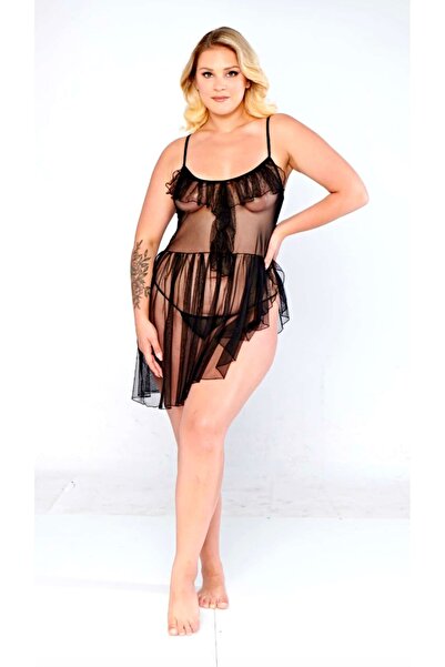 Ever Chic Şık Dantel Detaylı Tül Transparan Büyük Beden Kadın Siyah Gecelik 3XL