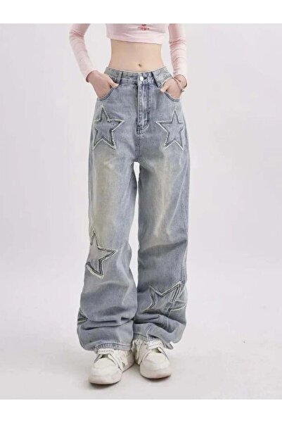 Toum Enya Takı Y2k Stars Patch Detail Pantaloni albaștri cu efect de spălare ...