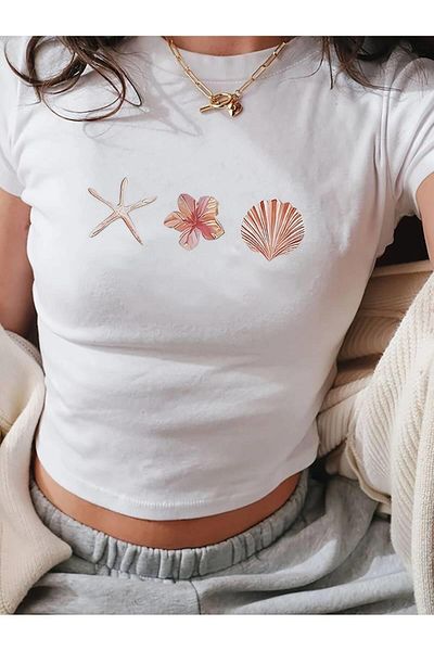 Toum Enya Jewelry - Starfish and Shell and Flower Patterned Belt Length Crop Blouse