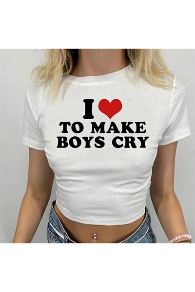 Toum Enya Jewelry I Love to Make Boys Cry Printed White Crop