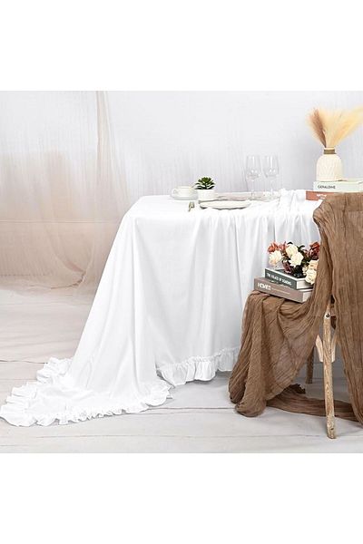 Erba kreasyon Linen Ruffle Tablecloth White Tablecloth