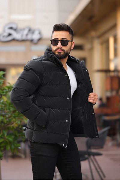 BearGlam Men's Black Collar Fur Coat