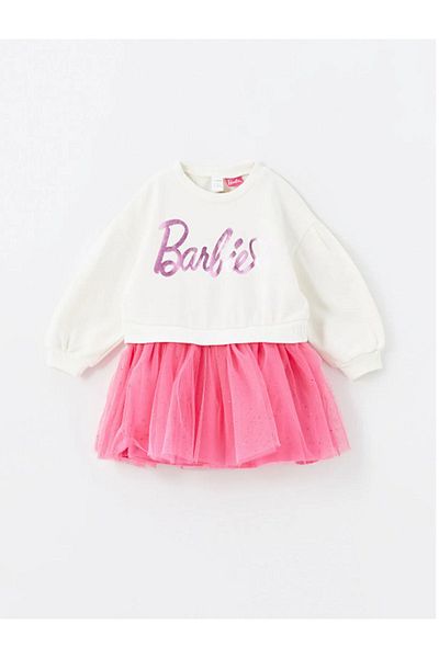 LC Waikiki Baby Ecru Crew Neck Long Sleeve Barbie Printed Baby Girl Dress