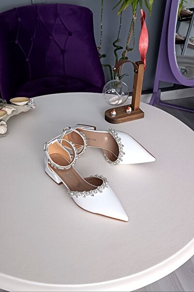 LA CALZATURE Γυναικεία παπούτσια μπαλαρίνας με τακούνι 2,5 εκ. Λευκό Δερμάτινο Διπλό Waterway Stone - λουράκι στον αστράγαλο