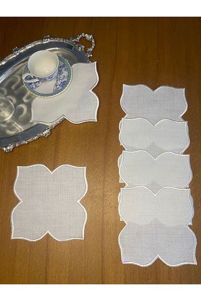 Smiling Home 6 Pieces Linen Ecru Color Lotus Patterned Cocktail Serving Napkin