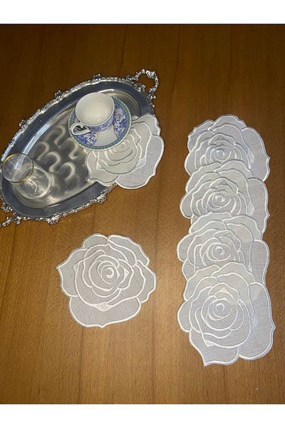 Smiling Home 6 Pieces Linen Ecru Color Rose Patterned Cocktail Serving Napkin