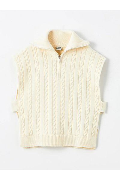 LC Waikiki Lcw Kids Light Beige Stand Collar Self Patterned Girl's Knitwear Sweater