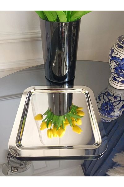 AHİR TİCARET Square Stainless Steel Silver Color 21X21 cm Coffee Serving Presentation Tray 6 Pieces