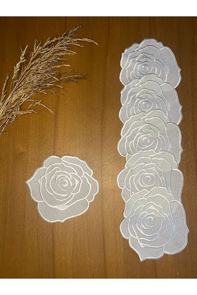 Smiling Home 6 Pieces Linen Ecru Color Rose Patterned Cocktail Serving Napkin