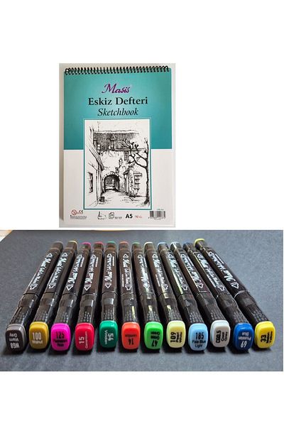 Masis A5 Drawing Notebook + Double-Ended Graphic Drawing Marker 12 Pcs Cool Colors 2