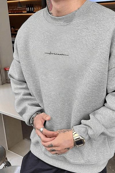 Pink Sky Men's Gray Dreamer Printed 0 Crew Neck Oversize Loose Loose Fit Fleece Sweatshirt