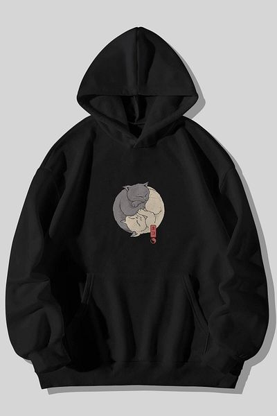 Pink Sky Φούτερ Unisex Ying Yang Cat με στάμπα μαύρη κουκούλα - Φούτερ με κουκούλα με τσέπη καγκουρό