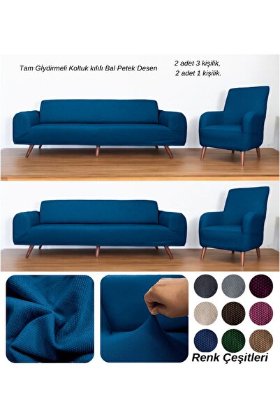 etleshome Balpeteği 3 3 1 1 Petrolmavi Lastikli Kanepe Örtüsü | Lastikli Koltuk Örtüsü | Koltuk Kılıfı Takımı
