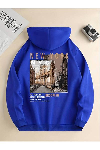 Keywest Унисекс суитшърт с качулка и щампа New York - 3 прежди, 100% памук, зимен суитшърт