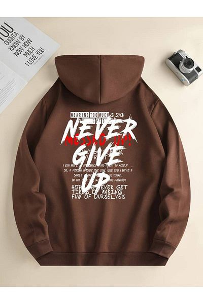Keywest Χειμερινό φούτερ Unisex Never Give Up με στάμπα μεγάλου μεγέθους - Φούτερ με κουκούλα 3 κλωστών από 100% βαμβάκι