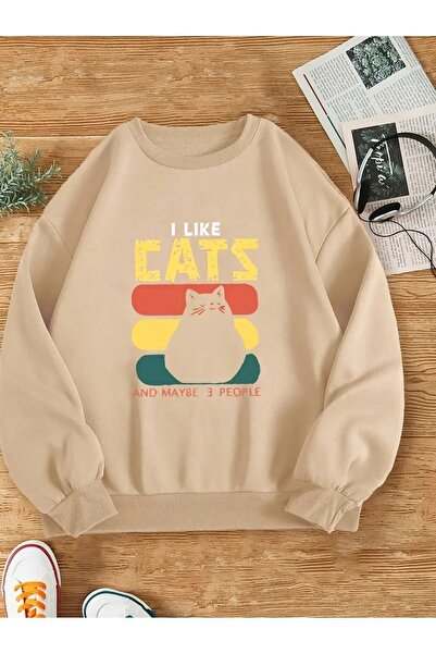 OVER HEAD Hanorac bej cu guler rotund - Im Like Cat Printed
